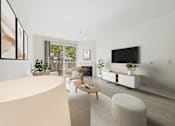 Thumbnail 11 of 41 - A modern living room with a large window and a flat screen TV.