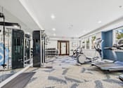 Thumbnail 12 of 53 - A gym with a variety of equipment including treadmills, exercise bikes, and weight racks.