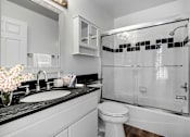 Thumbnail 11 of 16 - A white toilet is in a black and white bathroom.