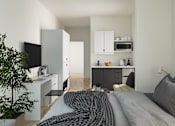 Thumbnail 9 of 15 - Studios come furnished with designer sofa, coffee table, desk and chair, queen-size storage bed, 42-inch TV, storage cabinets.at Skylar At Sunset, California, 90027