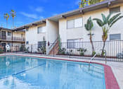 Thumbnail 21 of 23 - A pool in front of a building with a fence and a palm tree.