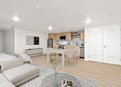 Thumbnail 44 of 54 - A modern kitchen with white cabinets and a dining table.