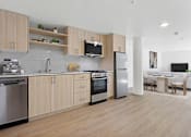 Thumbnail 27 of 54 - A modern kitchen with wooden cabinets and stainless steel appliances.