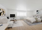 Thumbnail 41 of 54 - A modern bedroom with a large bed and a white sofa.