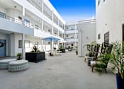 Thumbnail 16 of 54 - A sunny day at the courtyard of a white building with blue umbrellas and potted plants.