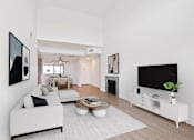 Thumbnail 48 of 54 - A modern living room with a white couch and a television.
