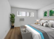 Thumbnail 6 of 19 - a bedroom with white walls and a large bed with a blue blanket