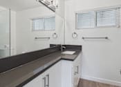 Thumbnail 13 of 251 - A bathroom with a sink, mirror, and towel rack.