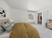 Thumbnail 11 of 50 - A bedroom with a bed, dresser, and mirror.