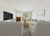 Thumbnail 4 of 17 - A living room with a grey couch and a coffee table.