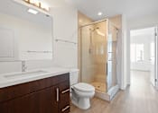 Thumbnail 26 of 208 - A modern bathroom with a walk-in shower and a toilet.
