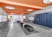Thumbnail 6 of 27 - a long hallway with blue lockers and a row of benches