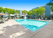 Thumbnail 13 of 24 - a swimming pool in front of a building with chairs and trees