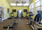 Thumbnail 7 of 27 - A gym with treadmills, elliptical machines, and a fan.