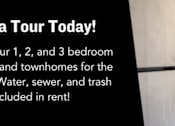 Thumbnail 64 of 64 - A sign in a kitchen advertises a tour of a 1, 2, and 3 bedroom apartment.