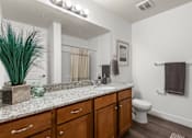 Thumbnail 10 of 34 - Bathroom with granite vanity and wood cabinetry at Liberty Gateway Apartments, Utah, 84101