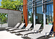 Thumbnail 16 of 30 - A row of sun loungers are on the patio of a modern building.