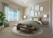 Thumbnail 4 of 18 - Liberty Bend Apartments, Sandy, Utah, Bedroom with bed, table and artwork on walls.