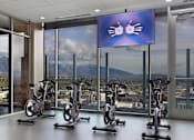 Thumbnail 27 of 41 - A gym with stationary bikes and a screen showing a pair of eyes.