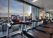 Thumbnail 21 of 41 - A gym with treadmills and a view of the city.
