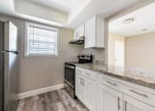 Thumbnail 6 of 19 - a kitchen with white cabinets and a granite counter top at Palm Cove Apartments, Daytona Beach Florida