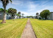 Thumbnail 15 of 19 - a grassy area with houses on both sides and a sidewalk at Palm Cove Apartments, Daytona Beach, FL