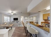 Thumbnail 3 of 14 - a living room and dining room with a table and chairs