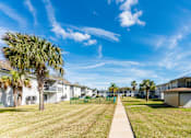 Thumbnail 18 of 19 - A sunny day at the apartment complex with palm trees and a clear blue sky.