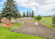 Thumbnail 12 of 17 - A basketball court is surrounded by a fence and trees.