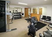 Thumbnail 12 of 15 - A gym with a variety of equipment including weights, treadmills, and exercise machines.