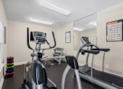 Thumbnail 22 of 28 - A gym with a treadmill, elliptical trainer and a mirror.