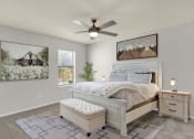 Thumbnail 5 of 18 - a large bedroom with plush carpeting, ceiling fan, window, and virtual furnishings at Rock Creek Apartments in Cordova, TN