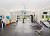 Thumbnail 17 of 41 - A spacious gym with a variety of equipment including a treadmill, exercise ball, and weight machines.