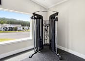 Thumbnail 19 of 41 - A black home gym setup with a squat rack and a window overlooking a residential area.