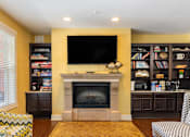 Thumbnail 11 of 26 - A living room with a fireplace and a television mounted on the wall.