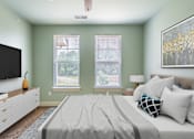 Thumbnail 6 of 26 - A bedroom with a bed, a dresser, and a television.