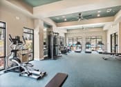 Thumbnail 9 of 43 - a gym with weights and cardio machines and a ceiling fan