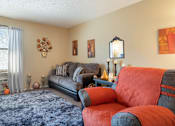Thumbnail 9 of 16 - A Village Square apartment living room with a couch and a chair and a rug