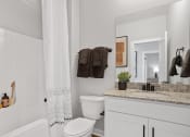 Thumbnail 36 of 48 - a bathroom with a granite topped vanity, toilet, and a tub/shower