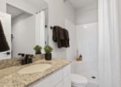 Thumbnail 39 of 48 - a bathroom with a granite vanity, tub/shower, toilet, and large mirror