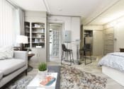 Thumbnail 8 of 24 - studio apartment with built-in bookshelves, living-bedroom, kitchen, and bathroom