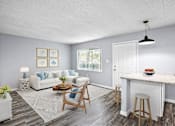Thumbnail 1 of 37 - A living room with a white couch, a coffee table, and a dining table.