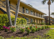 Thumbnail 30 of 37 - a yellow building with palm trees and flowers in front of it