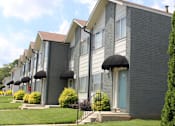 Thumbnail 6 of 30 - newly updated apartment home exteriors with door awnings and lush landscaping  at Huntsville Landing Apartments, Huntsville, AL, 35806