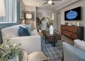 Thumbnail 24 of 32 - Living room with fan, large windows, model décor, and wood-style floors at Terraces at Clearwater Beach, Florida, 33756