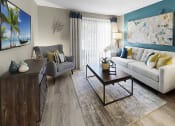 Thumbnail 11 of 19 - Living room with plank-style flooring, patio access, and accent wall at The Madison Franklin, Tennessee, 37064