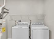 Thumbnail 12 of 24 - two washes and a dryer in a laundry room with a shelf above them