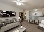 Thumbnail 10 of 24 - Virtually staged living room with carpet flooring, multi speed ceiling fan, couch, coffee table, chair, floating shelves, and kitchen bar with stools in the background