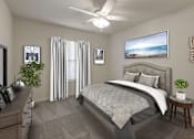 Thumbnail 9 of 24 - Virtually staged bedroom with carpet flooring, multi speed ceiling fan, dresser, bed, night stand, wall art, and large window for natural lighting