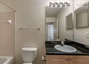 Thumbnail 20 of 24 - Bathroom with Blonde Cabinets, Black Counters and White Bathtub and Beige Shower